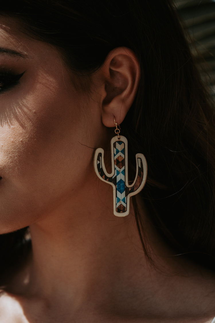 Cactus Wooden Blue Multi Drop Earrings