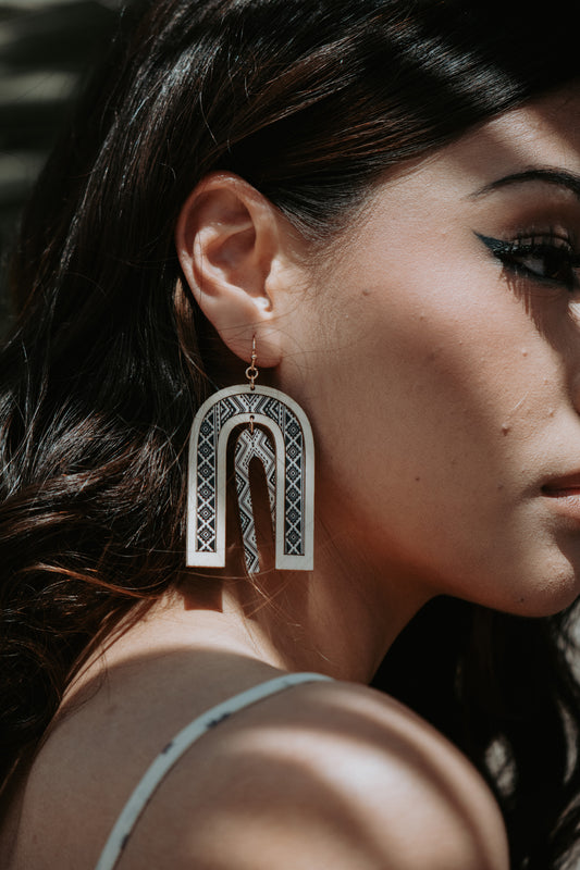 Grey Aztec Wooden Drop Earrings
