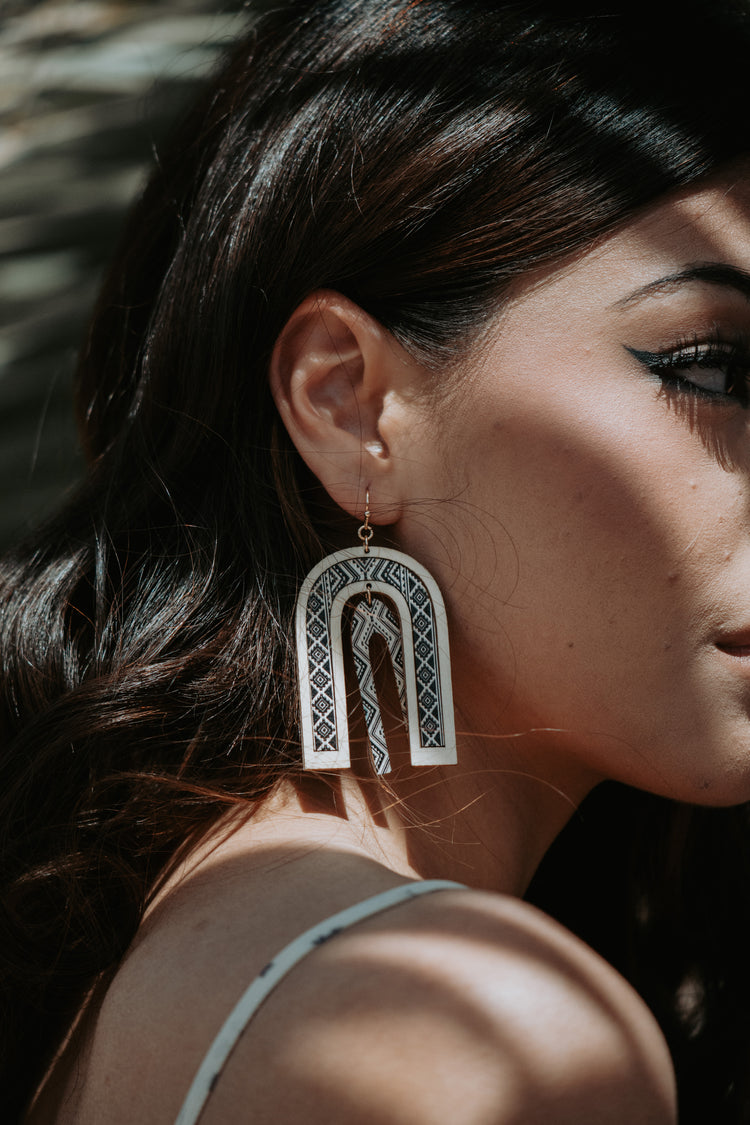 Grey Aztec Wooden Drop Earrings