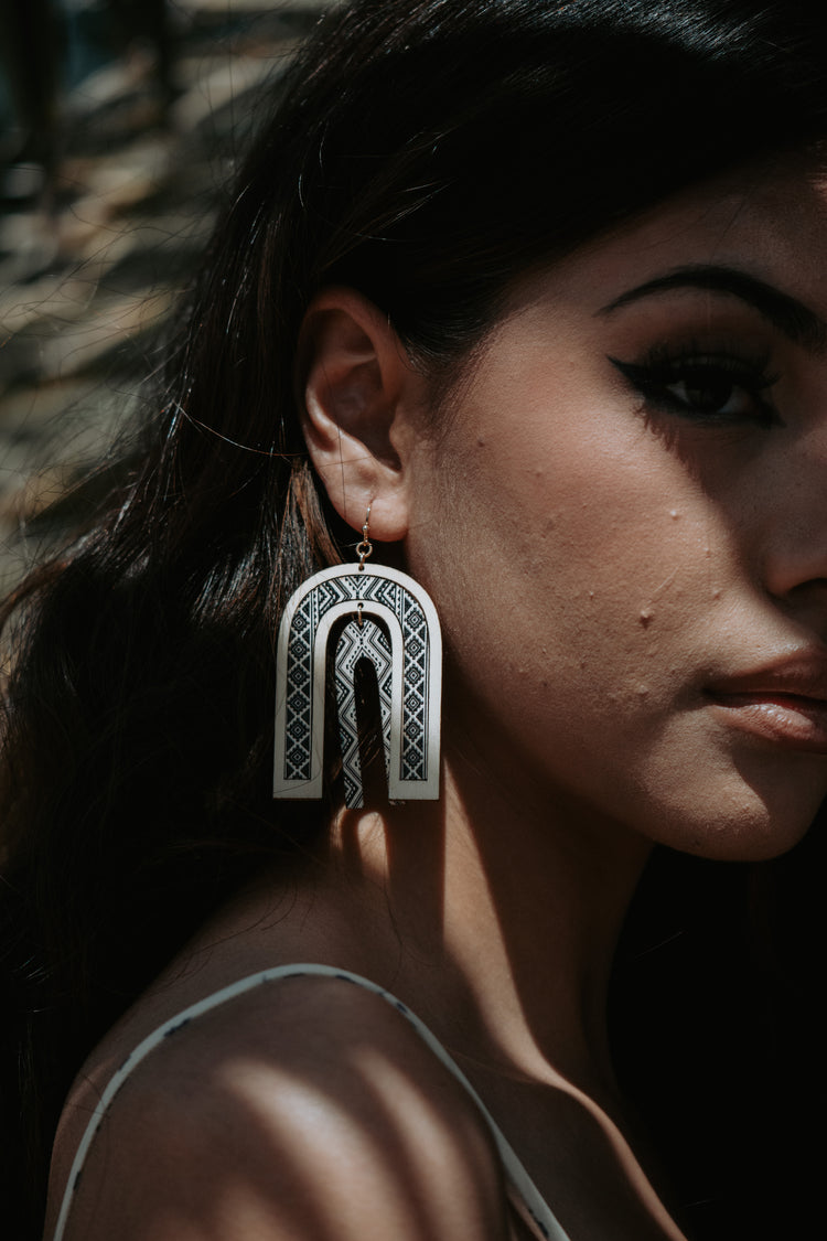 Grey Aztec Wooden Drop Earrings