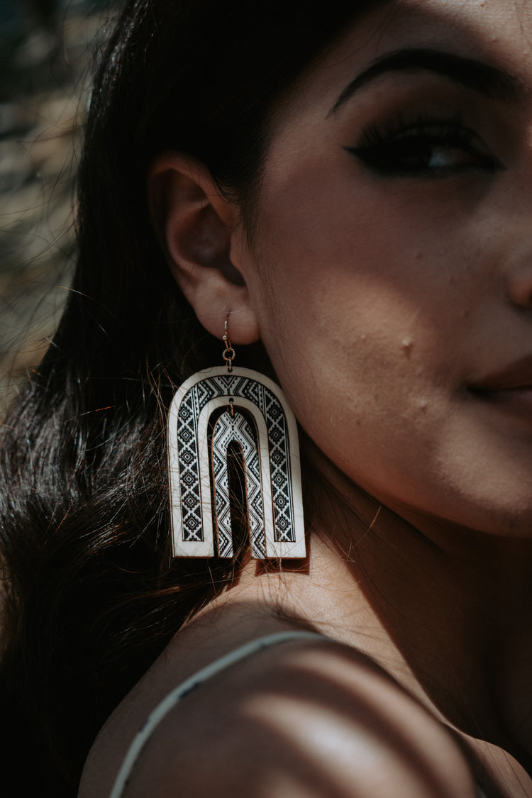 Grey Aztec Wooden Drop Earrings