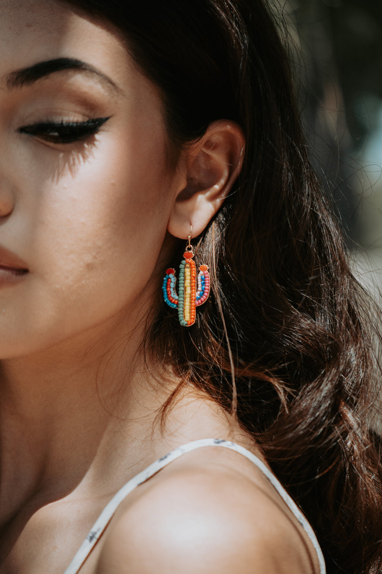 Beaded Cactus Dainty Drop Earrings Multi Color