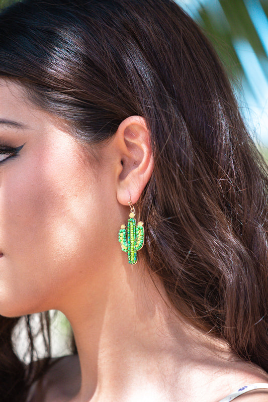 Beaded Cactus Dainty Drop Earrings in Green