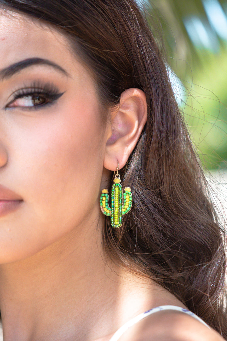 Beaded Cactus Dainty Drop Earrings in Green