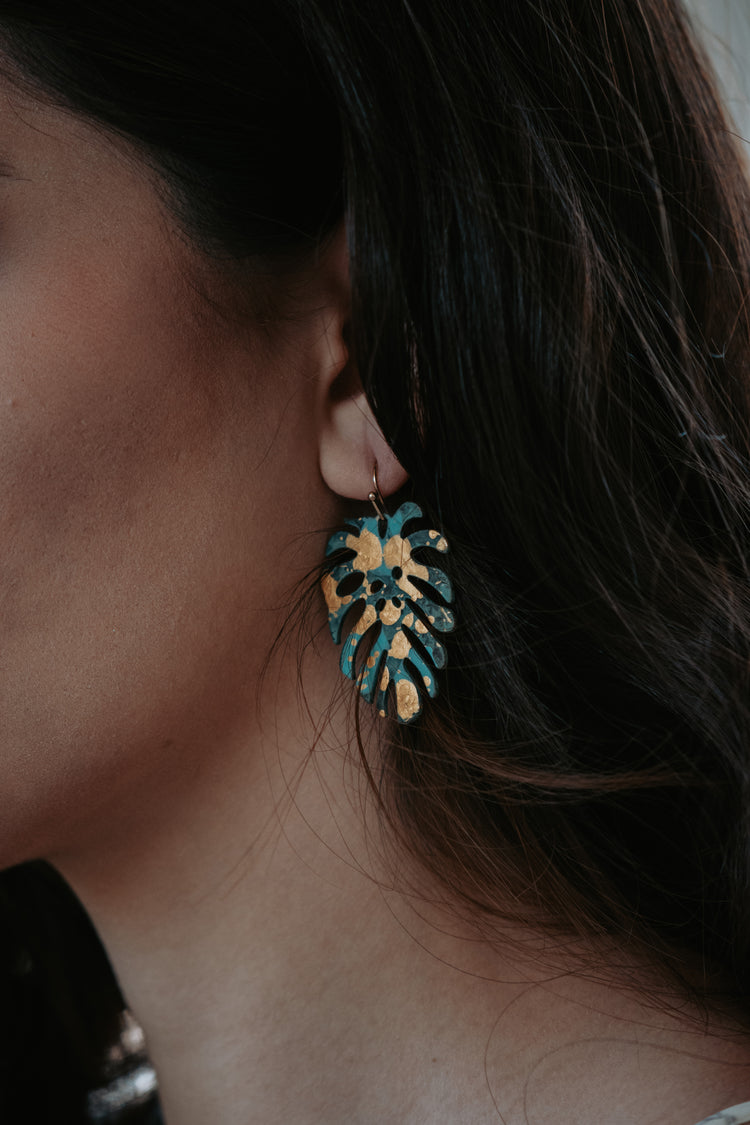 Monstera Brass Drop Earrings