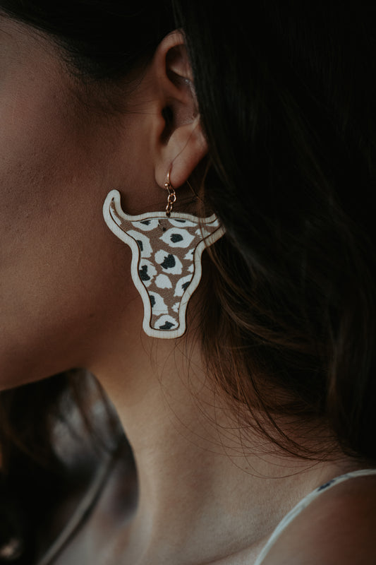 Cowhead Wooden Leopard Beige Drop Earrings