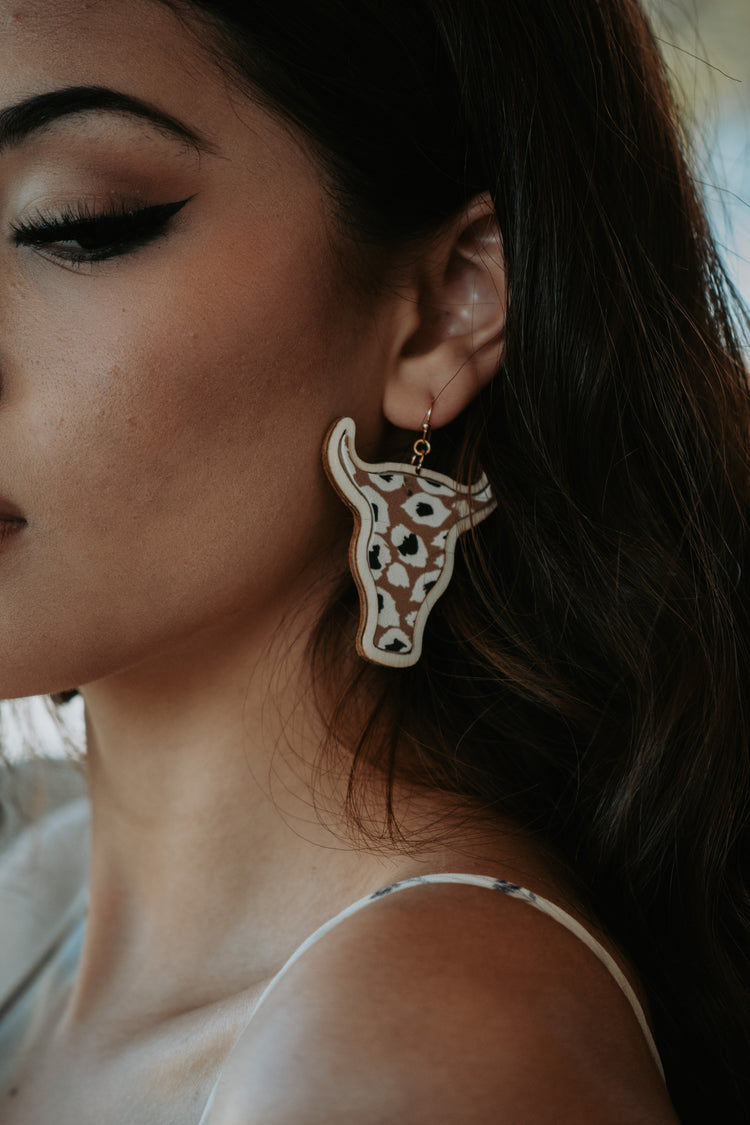 Cowhead Wooden Leopard Beige Drop Earrings