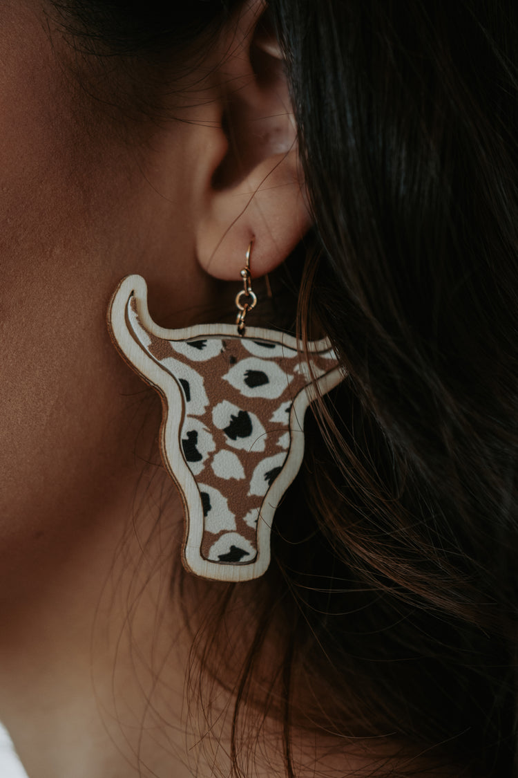 Cowhead Wooden Leopard Beige Drop Earrings