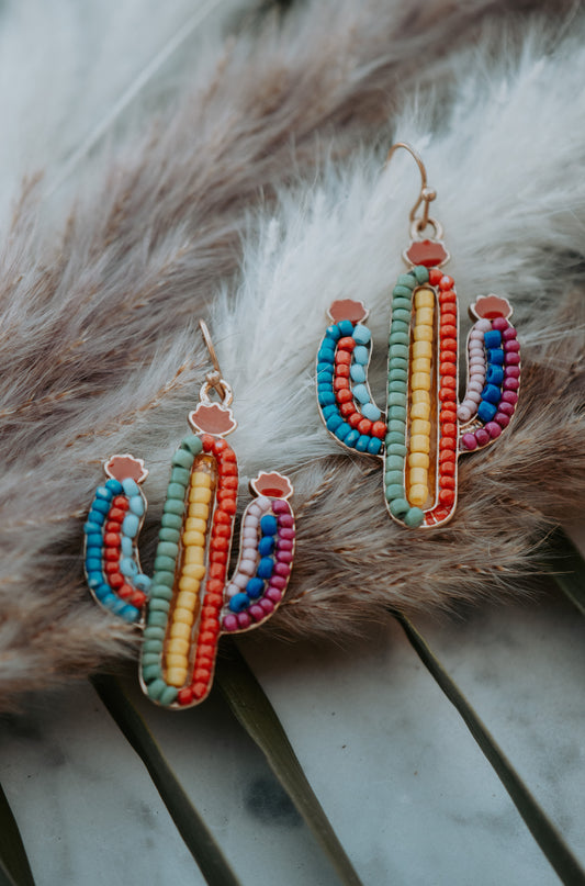 Beaded Cactus Dainty Drop Earrings Multi Color
