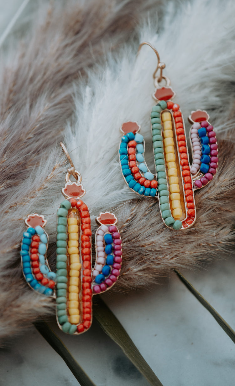 Beaded Cactus Dainty Drop Earrings Multi Color