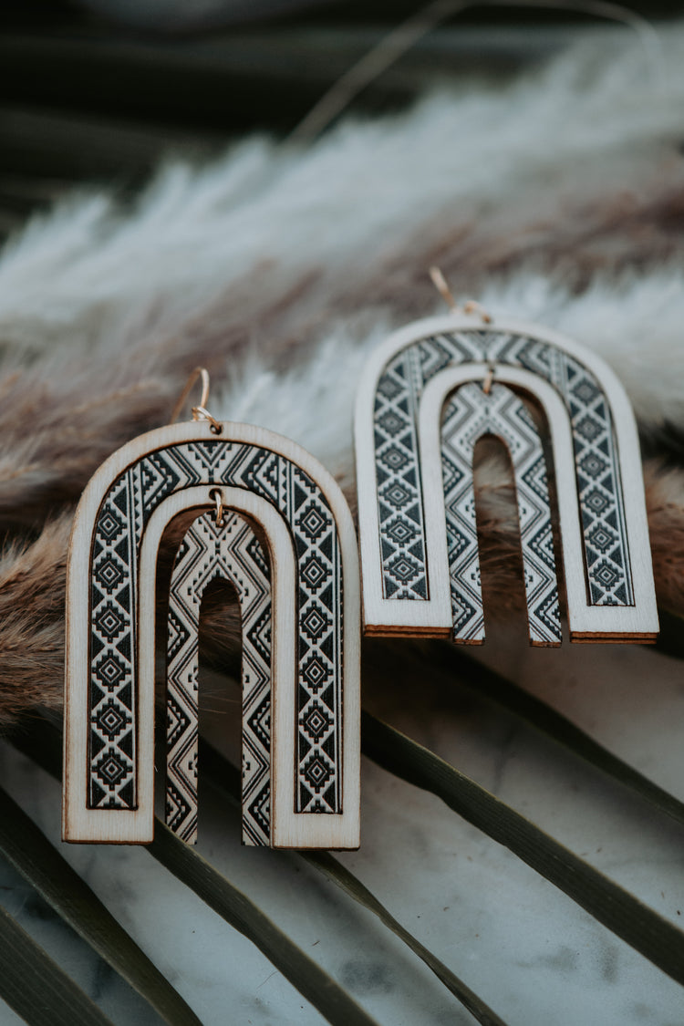 Grey Aztec Wooden Drop Earrings