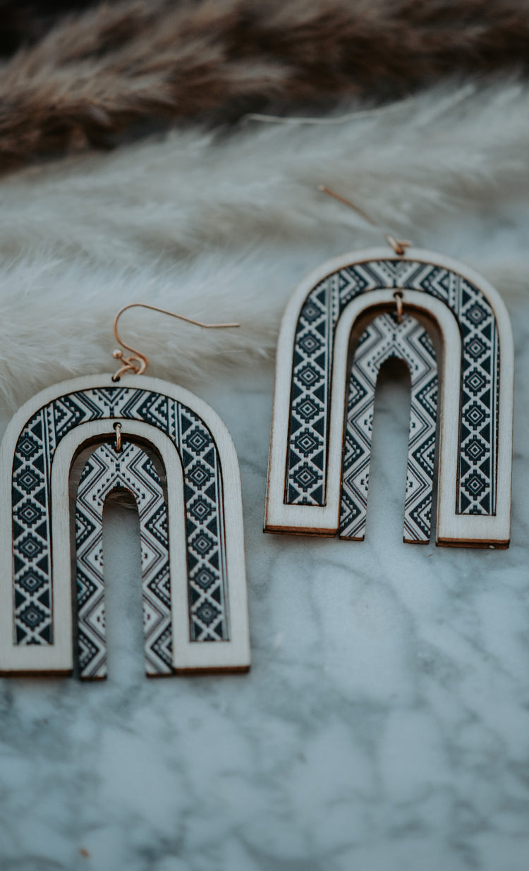 Grey Aztec Wooden Drop Earrings