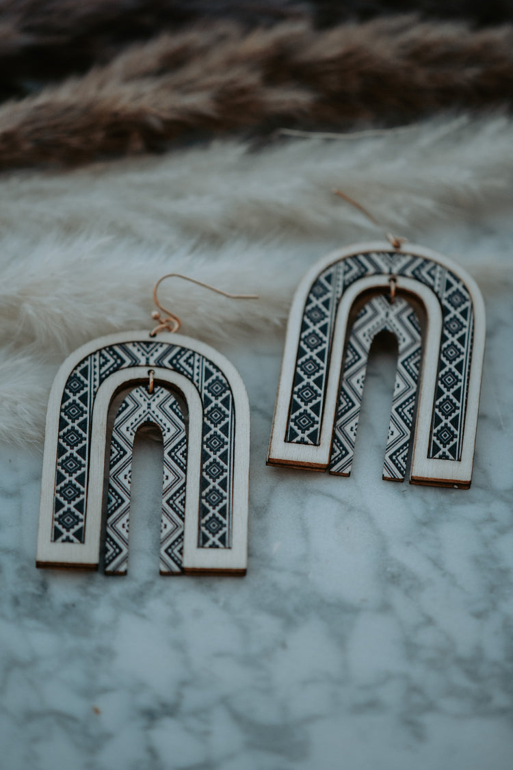 Grey Aztec Wooden Drop Earrings