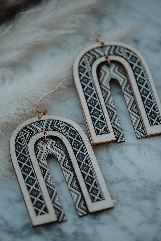 Grey Aztec Wooden Drop Earrings