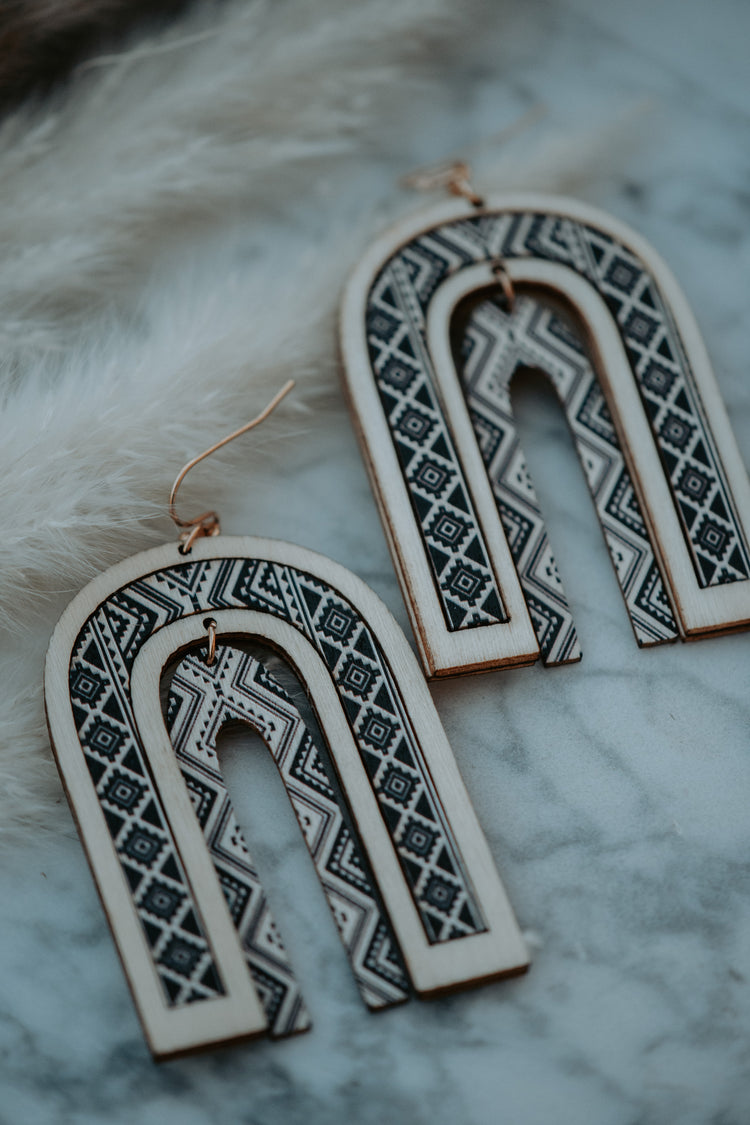Grey Aztec Wooden Drop Earrings