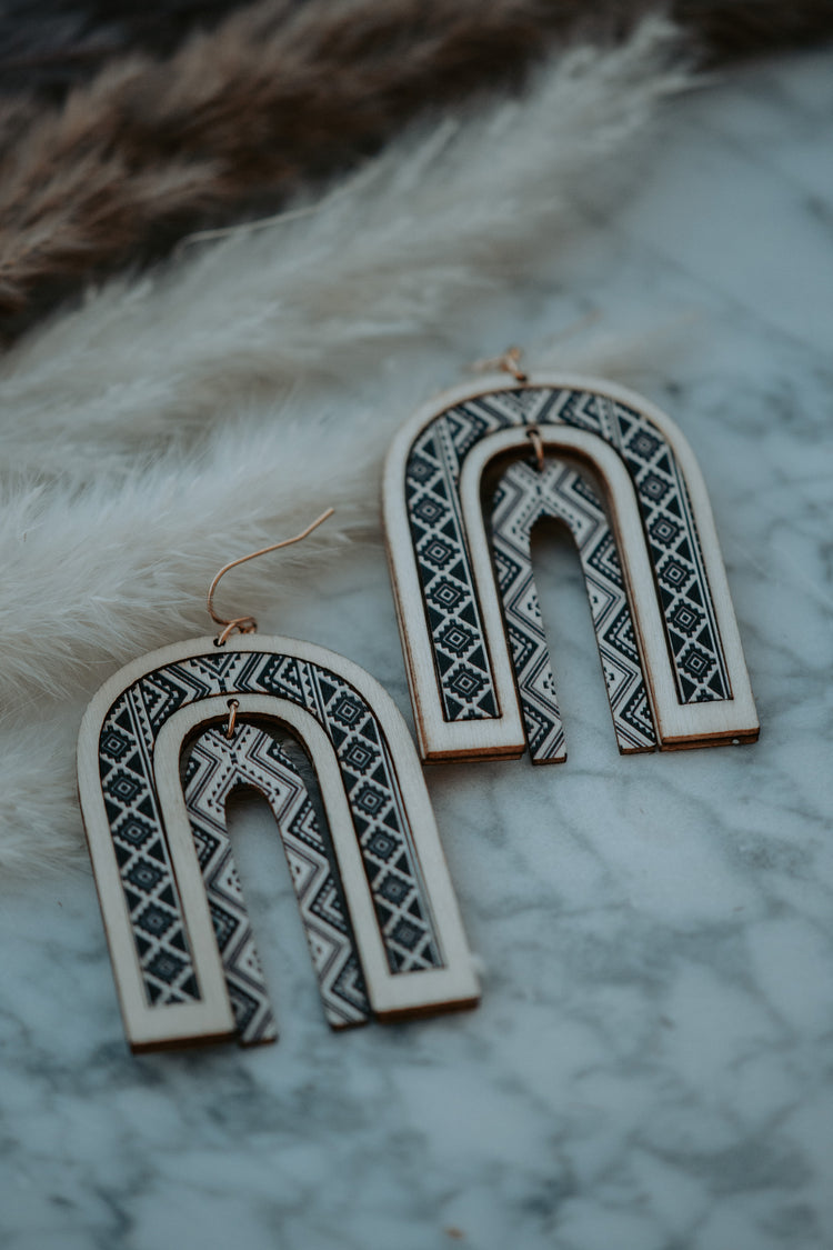 Grey Aztec Wooden Drop Earrings