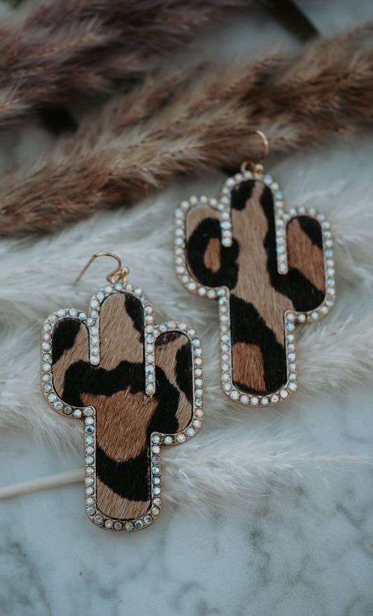 Cactus Leopard Genuine Leather Rhinestone Drop Earrings