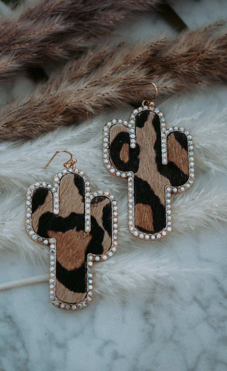 Cactus Leopard Genuine Leather Rhinestone Drop Earrings