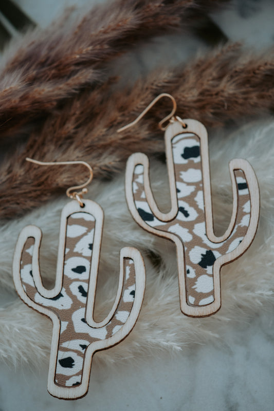 Cactus Wooden Leopard Beige Drop Earrings