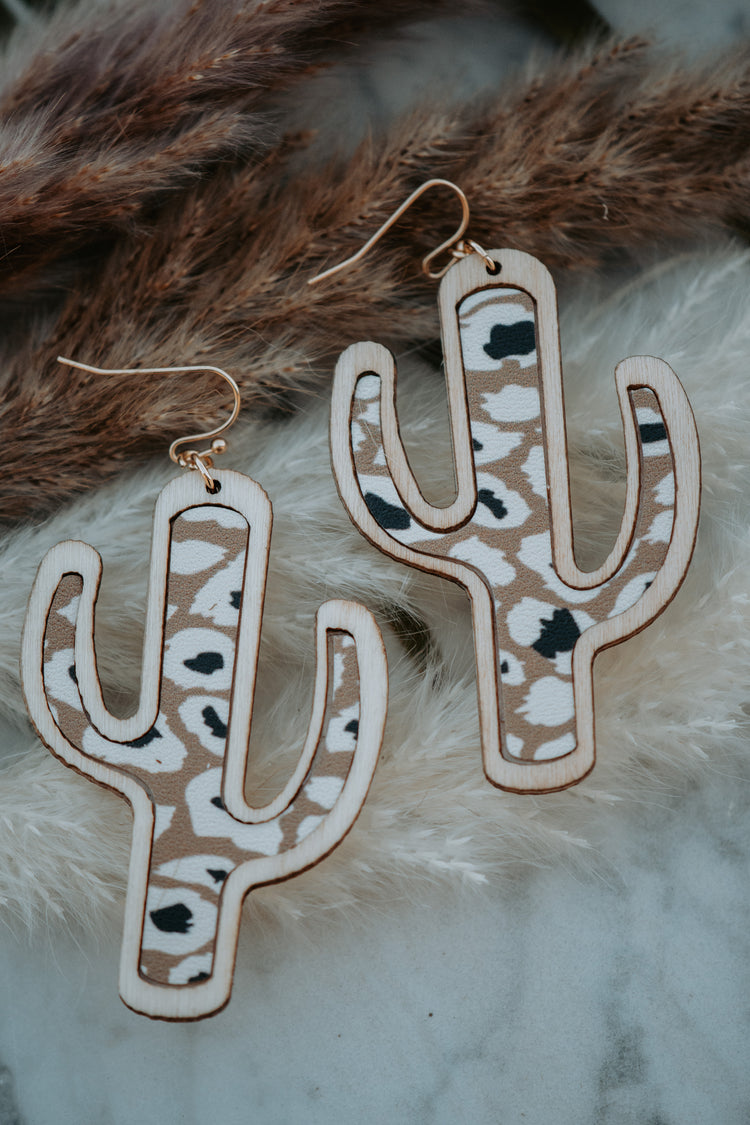 Cactus Wooden Leopard Beige Drop Earrings