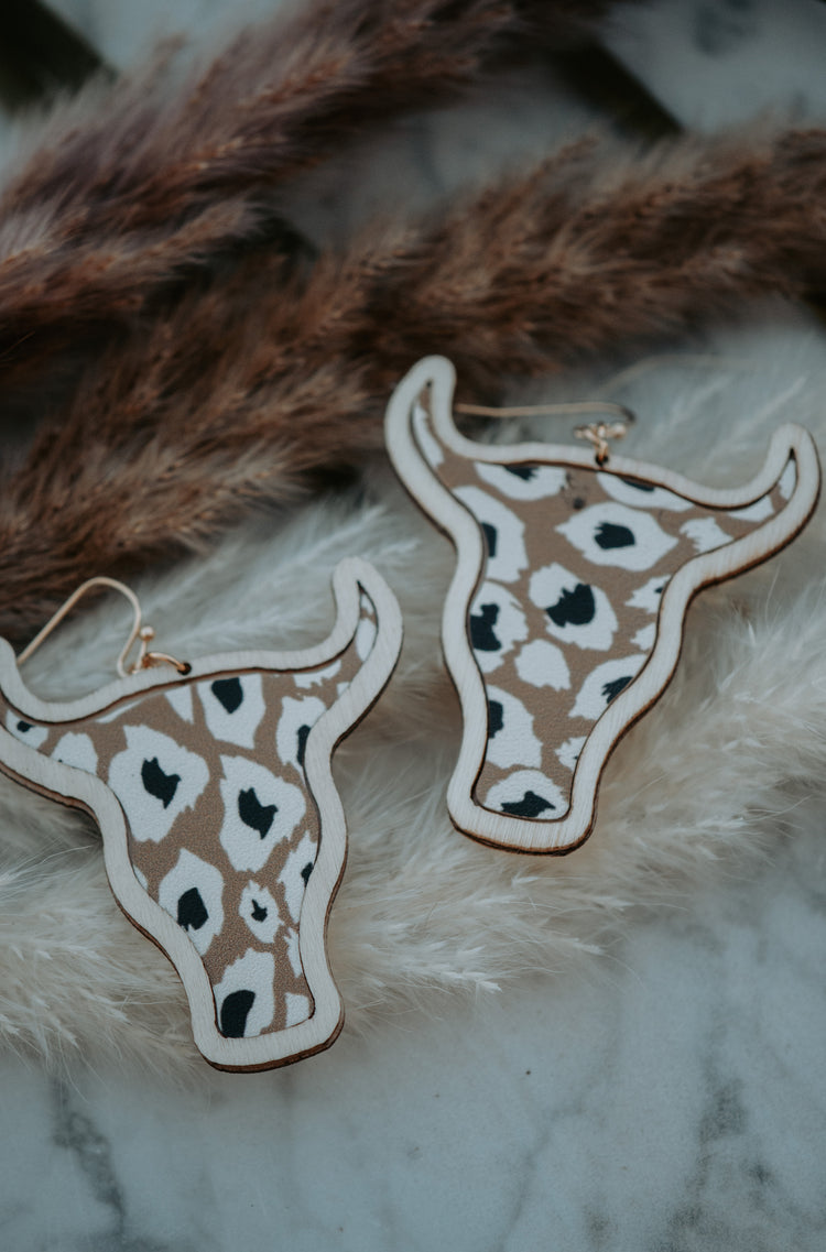 Cowhead Wooden Leopard Beige Drop Earrings