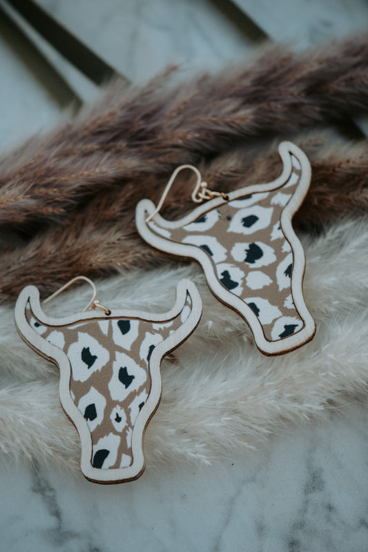 Cowhead Wooden Leopard Beige Drop Earrings