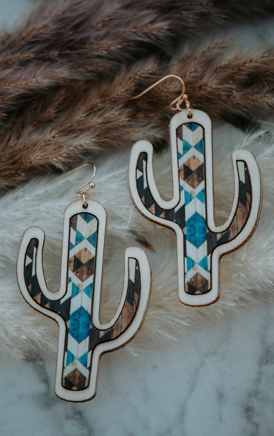 Cactus Wooden Blue Multi Drop Earrings