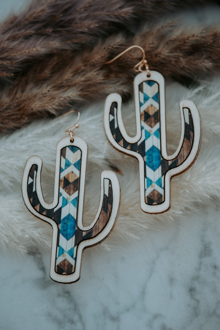 Cactus Wooden Blue Multi Drop Earrings