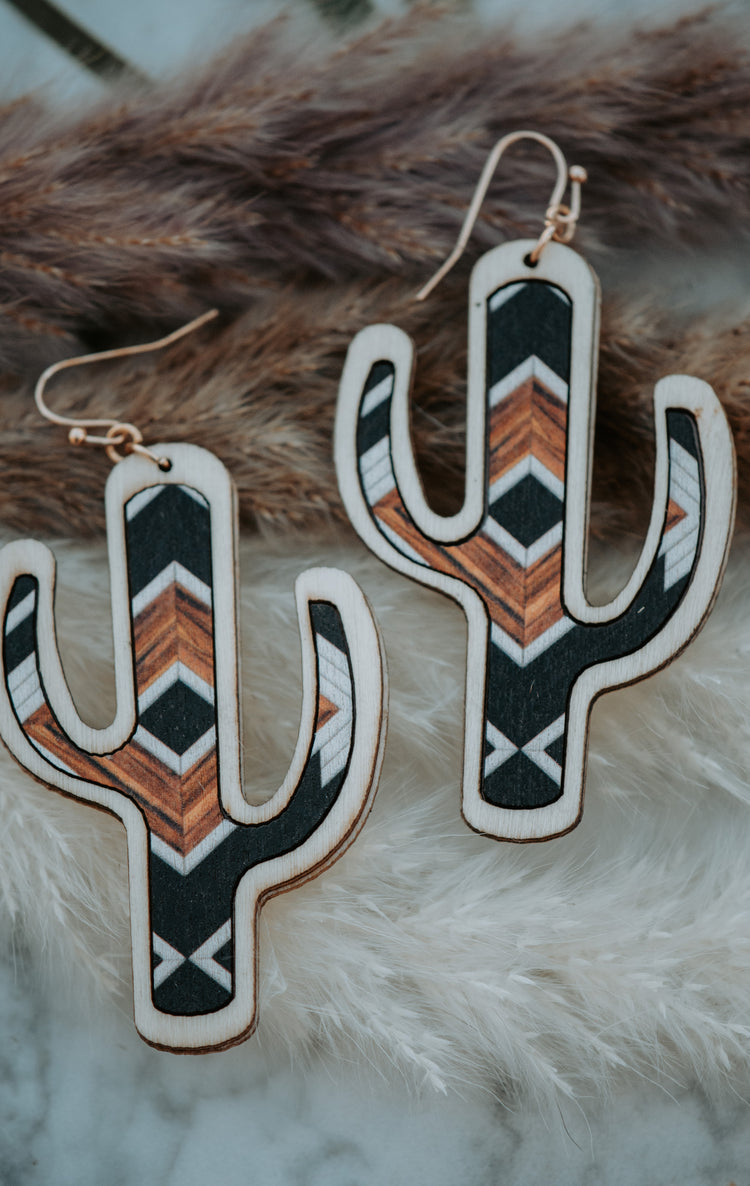 Cactus Wooden Black & Brown Drop Earrings