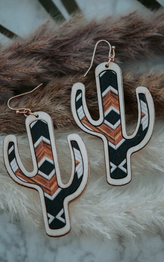 Cactus Wooden Black & Brown Drop Earrings