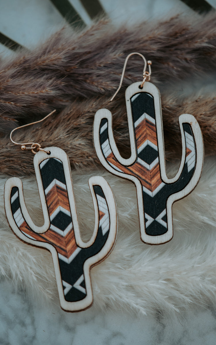 Cactus Wooden Black & Brown Drop Earrings