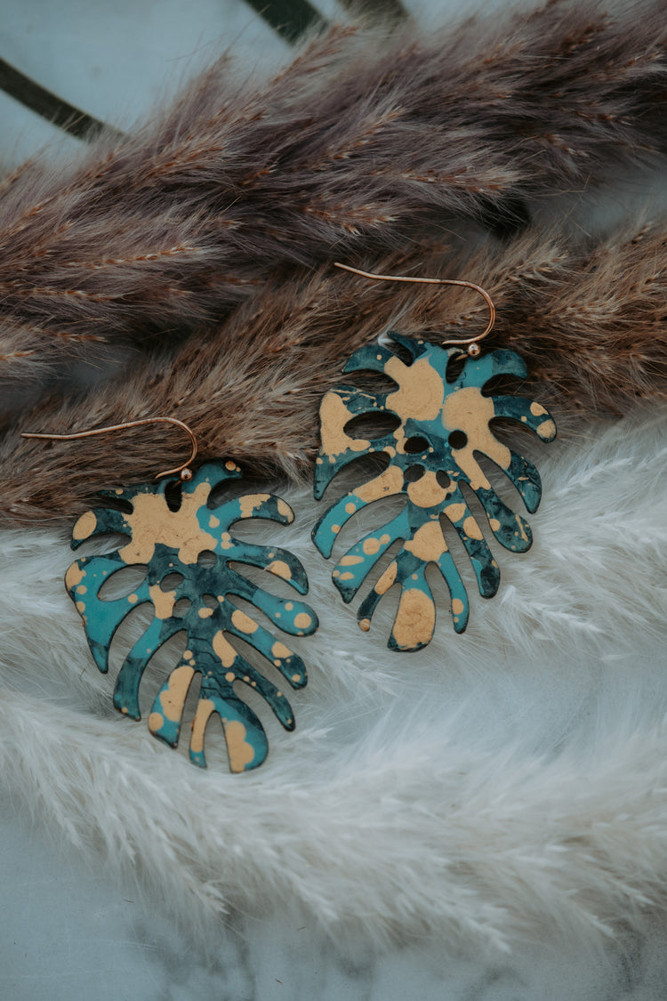 Monstera Brass Drop Earrings