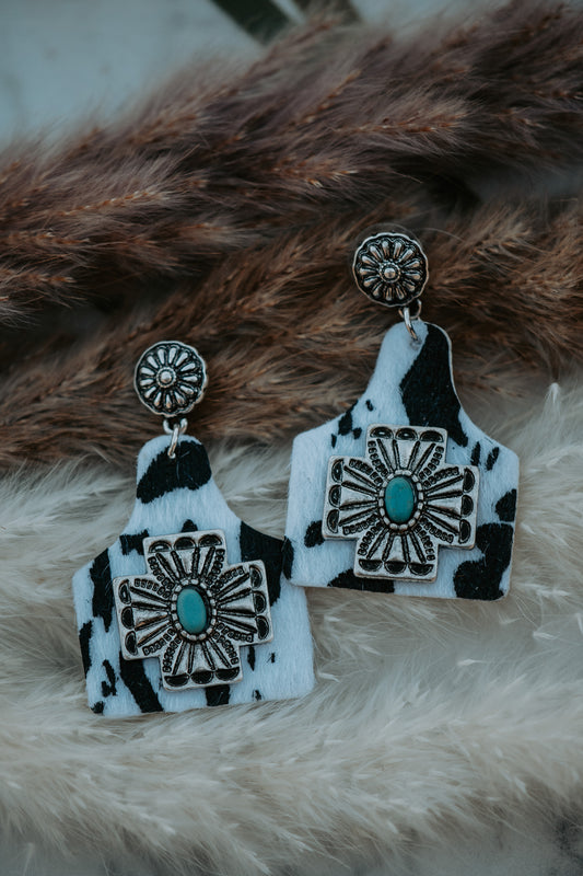 Turquoise Leather Cowtag - White