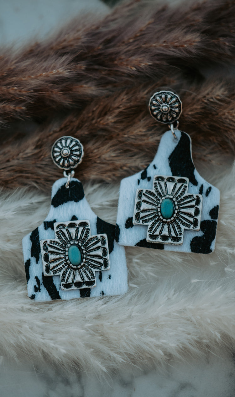 Turquoise Leather Cowtag - White