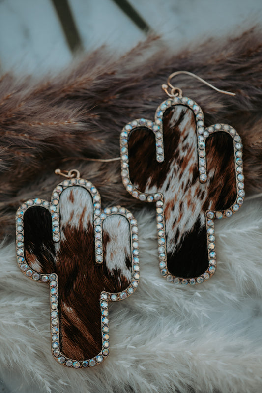 Cactus Cowhide Genuine Leather Rhinestone Drop Earrings