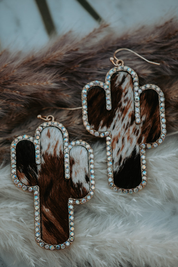 Cactus Cowhide Genuine Leather Rhinestone Drop Earrings