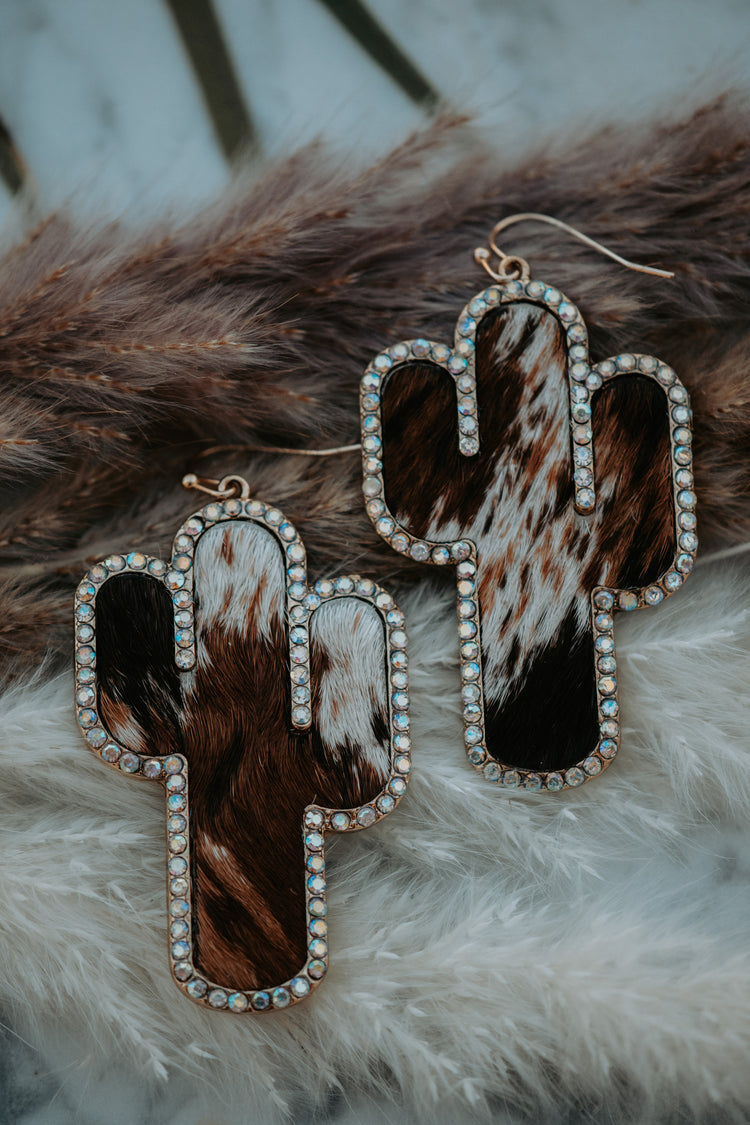 Cactus Cowhide Genuine Leather Rhinestone Drop Earrings