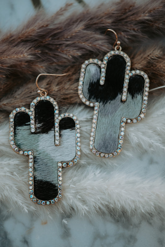 Cactus Grey Cowhide Genuine Leather Rhinestone Drop Earrings