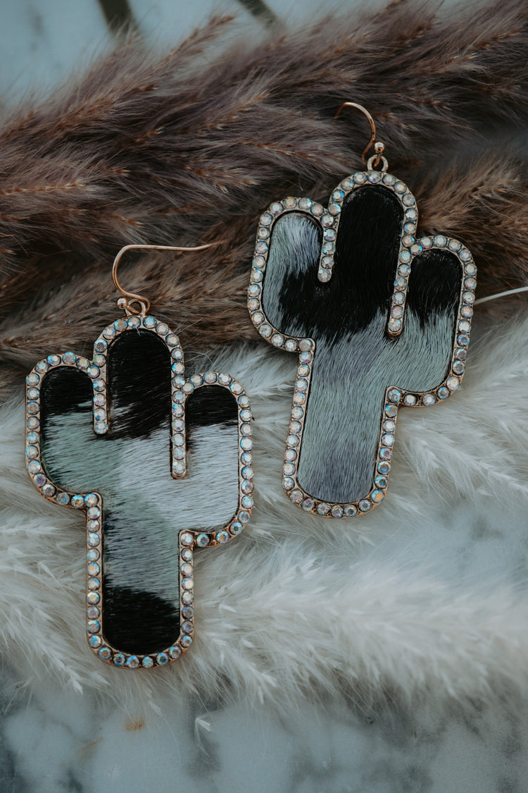 Cactus Grey Cowhide Genuine Leather Rhinestone Drop Earrings