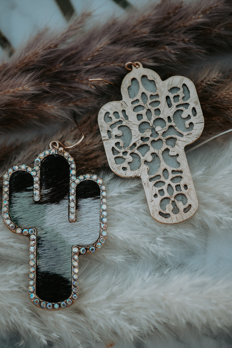 Cactus Grey Cowhide Genuine Leather Rhinestone Drop Earrings