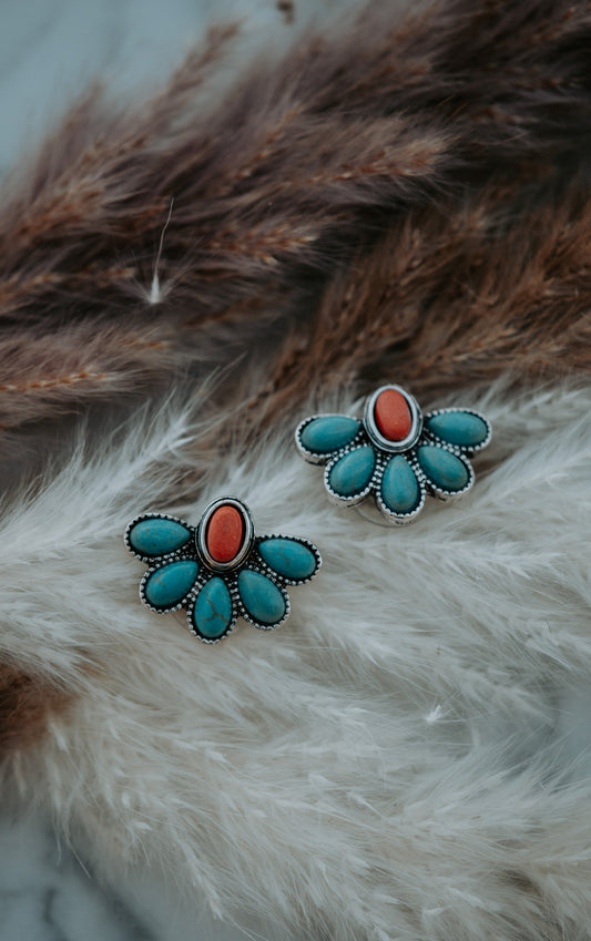 Concho Turquoise Stud Earrings - Red