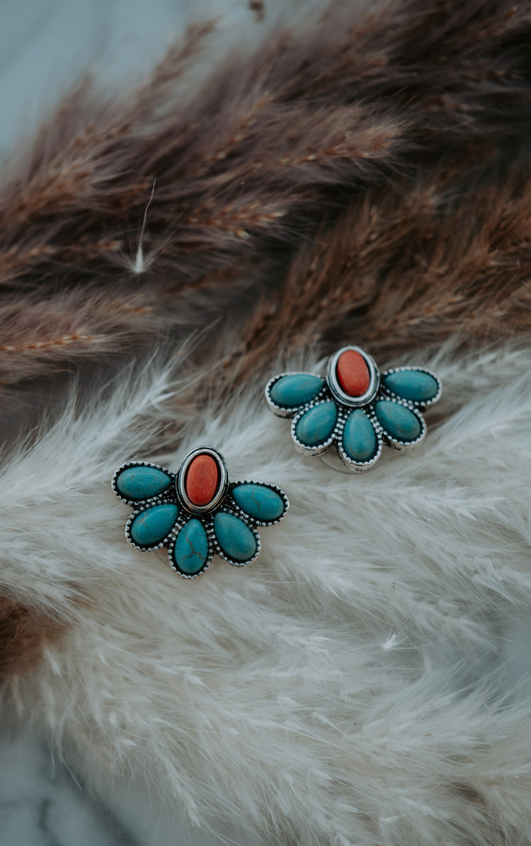 Concho Turquoise Stud Earrings - Red