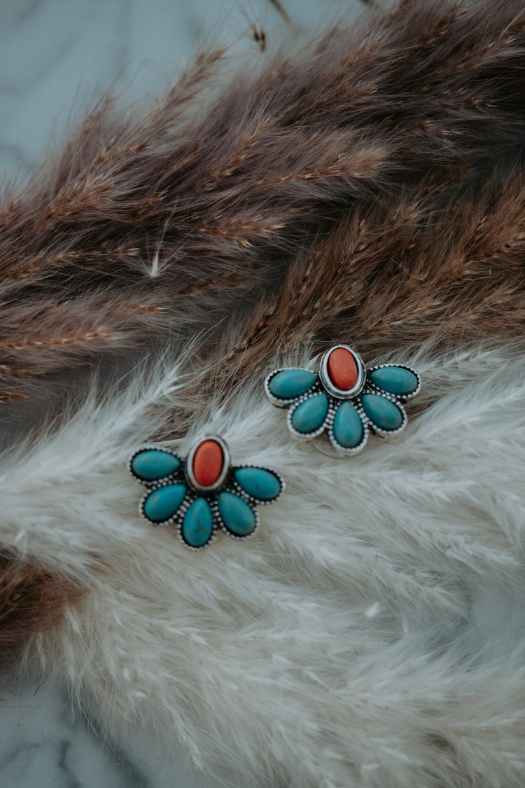 Concho Turquoise Stud Earrings - Red