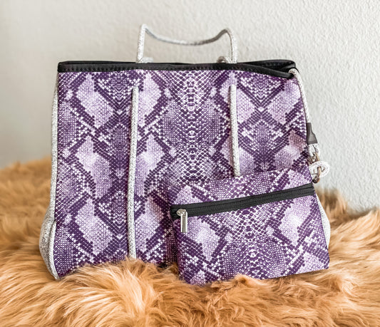 Persephone - Dark Snake Skin Print Neoprene Tote