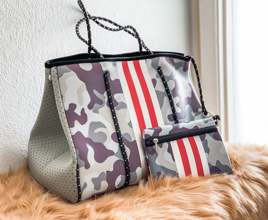 Chloe - Camo with Red Striped Neoprene Tote
