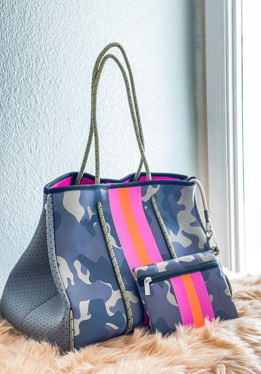 Artemis - Camo with Pink Striped Neoprene Tote