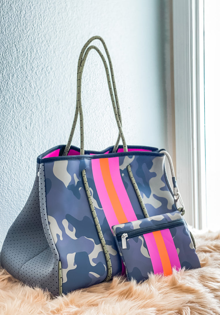 Artemis - Camo with Pink Striped Neoprene Tote