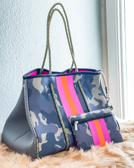 Artemis - Camo with Pink Striped Neoprene Tote