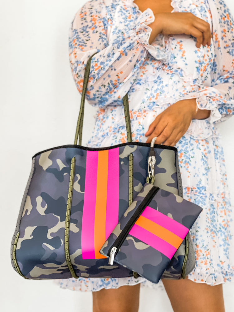 Artemis - Camo with Pink Striped Neoprene Tote