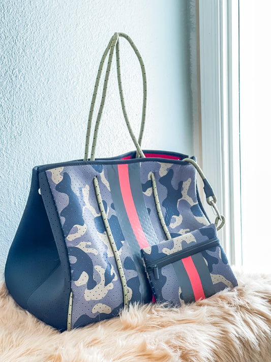 Juno - Dark Camo with Red Striped Neoprene Tote